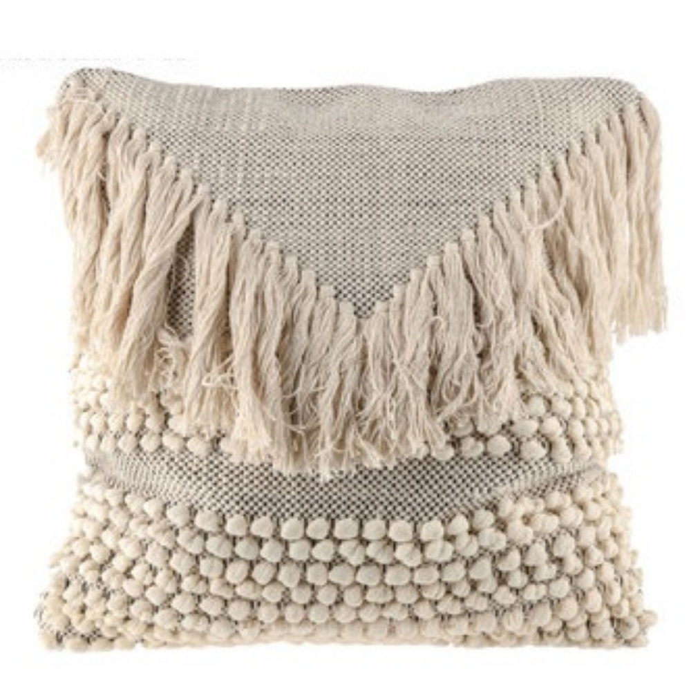 LAST ONE Woven Cream Cotton Fringe Pillow Cover - Picture 3 of 4